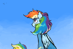 Size: 1500x1000 | Tagged: safe, alternate version, artist:jehr, imported from derpibooru, rainbow dash, bird, pegasus, pony, blue sky, clothes, cloud, cute, day, ear fluff, eyelashes, feelings, female, fluffy, fluffy tail, gradient background, heart, heart eyes, long tail, looking away, looking up, mare, nostalgia, on a cloud, outdoors, pink eyes, sitting, sitting on a cloud, sky, sky background, solo, tail, uniform, wind, wingding eyes, wings, wonderbolts, wonderbolts uniform