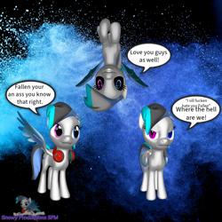 Size: 1080x1080 | Tagged: safe, artist:snowy starshine, imported from derpibooru, oc, oc only, oc:fallen snowstar, oc:snowy starfall, oc:snowy starshine, bat pony, pegasus, pony, 3d, angry, black sclera, sarcasm, source filmmaker, text, upside down, watermark