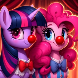 Size: 1024x1024 | Tagged: safe, imported from derpibooru, pinkie pie, twilight sparkle, earth pony, unicorn, ai content, ai generated, bowtie, clothes, clown, clown nose, duo, female, generator:bing image creator, generator:dall-e 3, horn, mare, prompter:heydude5321, red nose