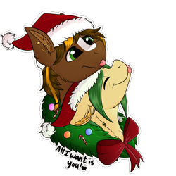 Size: 2000x2000 | Tagged: safe, artist:decemberbreeze, imported from derpibooru, oc, oc only, oc:noodle, oc:treasure trove, pony, christmas, commission, cute, duo, hat, holiday, santa hat, simple background, transparent background, wreath, ych result