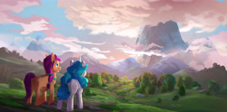 Size: 6000x2976 | Tagged: safe, imported from derpibooru, izzy moonbow, sunny starscout, pony, unicorn, cloud, concept art, duo, duo female, female, g5, grass, horn, mare, mountain, my little pony: a new generation, official, outdoors, scenery, sky, tree