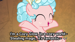 Size: 1280x720 | Tagged: safe, edit, edited screencap, imported from derpibooru, screencap, cozy glow, frenemies (episode), barbie girl, eyes closed, my little pony, solo, song reference