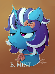 Size: 1463x1956 | Tagged: safe, artist:ch0c0sauri0, imported from derpibooru, oc, oc only, pony, unicorn, abstract background, angry, big eyes, blue mane, bow, bust, clothes, colored, colored pinnae, colored pupils, detailed, ears up, eyebrows, eyebrows visible through hair, eyelashes, eyeshadow, fanart, female, green eyes, hair bow, highlights, horn, long hair, long mane, looking at someone, makeup, original art, pink eyes, portrait, raised eyebrow, shading, signature, solo, text