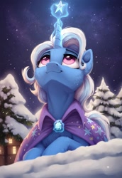 Size: 1280x1856 | Tagged: safe, imported from derpibooru, trixie, pony, unicorn, :3, ai content, ai generated, clothes, cute, detailed, detailed background, eyes open, fluffy, forest, generator:civitai, generator:pony diffusion v6 xl, generator:stable diffusion, horn, looking up, low angle, magic, mantle, nature, pink eyes, prompter:inoneart, scarf, sky, snow, snowfall, solo, stars, tree