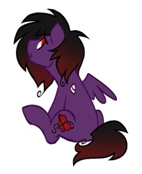 Size: 817x1000 | Tagged: safe, artist:partyponypower, imported from derpibooru, oc, oc only, oc:frankie fang, pegasus, pony, bandage, bandaged wing, colored lineart, emo, emo hair, gradient mane, gradient tail, looking up, male, male oc, missing wing, no catchlights, no pupils, one winged pegasus, pegasus oc, purple coat, rear view, requested art, simple background, sitting, smiling, solo, stallion, stallion oc, tail, white background, wings