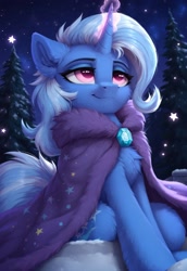 Size: 1280x1856 | Tagged: safe, imported from derpibooru, trixie, pony, unicorn, :3, ai content, ai generated, clothes, cute, detailed, detailed background, eyes open, fluffy, forest, generator:civitai, generator:pony diffusion v6 xl, generator:stable diffusion, horn, looking up, low angle, magic, mantle, nature, pink eyes, prompter:inoneart, scarf, sky, snow, snowfall, solo, stars, tree