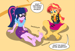 Size: 2185x1482 | Tagged: safe, artist:niban-destikim, imported from derpibooru, sci-twi, sunset shimmer, twilight sparkle, human, comic:the shrinking project, equestria girls, comic, duo, feet, female, fetish, foot fetish, handheld, implied flash sentry, micro, shrinking, wiggling toes