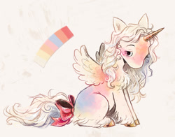 Size: 976x764 | Tagged: safe, artist:lutraviolet, imported from derpibooru, oc, oc only, unnamed oc, pegasus, pony, blushing, body freckles, bow, chest fluff, coat markings, color palette, colored hooves, colored horn, colored wings, eyelashes, feathered wings, female, female oc, fluffy tail, freckles, golden horn, gradient coat, gradient wings, hatching (technique), hooves, horn, leg fluff, leg freckles, lidded eyes, looking back, mare, mare oc, multicolored coat, multicolored wings, no catchlights, no mouth, no pupils, pegasus oc, ponysona, profile, shiny hooves, shiny horn, sitting, small wings, solo, spread wings, tail, tail bow, unicorn horn, unshorn fetlocks, wavy mane, wavy tail, white coat, white mane, white tail, wings, yellow hooves