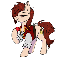 Size: 2171x2171 | Tagged: safe, artist:soff, imported from derpibooru, oc, oc only, oc:glitterwish, earth pony, pony, clothes, female, gem, jewelry, key, mare, necklace, red eyes, red mane, smiling, smug, solo, solo female