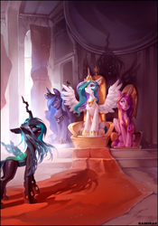 Size: 1908x2730 | Tagged: safe, artist:ramiras, imported from derpibooru, princess cadance, princess celestia, princess luna, queen chrysalis, alicorn, changeling, changeling queen, pony, disguise, disguised changeling, fanfic, fanfic art, fanfic cover, female, grin, high res, mare, narrowed eyes, shadow, sitting, smiling, spread wings, throne, throne room, wings