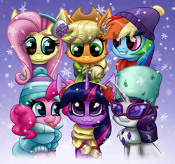 Size: 3200x3000 | Tagged: safe, artist:sunamoonmlp, derpibooru exclusive, imported from derpibooru, applejack, fluttershy, pinkie pie, rainbow dash, rarity, twilight sparkle, alicorn, earth pony, pegasus, pony, unicorn, clothes, cute, eye clipping through hair, female, glasses, hat, horn, jacket, mane six, mare, scarf, smiling, snow, snowflake, teeth, tongue out, twilight sparkle (alicorn), winter, winter outfit