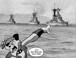 Size: 737x559 | Tagged: safe, idw, imported from derpibooru, diamond dog, battleship, black and white, comic, grayscale, meme, monochrome, photo, pirate, pointing, sepia, this will not end well, world war ii