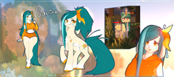 Size: 5400x2400 | Tagged: safe, artist:catrinebs, imported from derpibooru, oc, oc only, oc:catrine, anthro, hybrid, pony, breasts, curvy, glowing, glowing horn, horn, minecraft, reference, reference sheet, tail