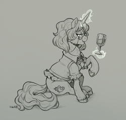 Size: 2468x2358 | Tagged: safe, artist:birdoffnorth, imported from derpibooru, oc, oc only, oc:sea chic, pony, unicorn, alcohol, female, fusion, fusion:fancypants, fusion:sea swirl, glass, glasses, glowing, glowing horn, gray background, grayscale, horn, levitation, lidded eyes, magic, mare, monochrome, open mouth, open smile, simple background, sitting, smiling, solo, telekinesis, wine, wine glass