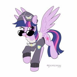 Size: 1100x1100 | Tagged: safe, artist:sion, imported from derpibooru, commander easy glider, twilight sparkle, alicorn, pony, dreamworks face, female, looking at you, mare, simple background, solo, spread wings, sunglasses, twilight sparkle (alicorn), white background, wings