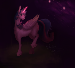 Size: 2019x1825 | Tagged: safe, artist:fealcity, imported from derpibooru, twilight sparkle, alicorn, pony, dark, female, glowing, glowing horn, horn, mare, raised leg, smiling, solo, stars, twilight sparkle (alicorn), unshorn fetlocks