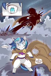 Size: 960x1440 | Tagged: safe, artist:cold-blooded-twilight, edit, imported from derpibooru, shining armor, pony, unicorn, comic:cold storm (ru), armor, bleeding, blood, clothes, comic, dialogue, horn, magic, robe, translation, unshorn fetlocks