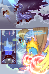 Size: 960x1440 | Tagged: safe, artist:cold-blooded-twilight, edit, imported from derpibooru, nightmare moon, princess luna, shining armor, soarin', spitfire, alicorn, pegasus, pony, unicorn, comic:cold storm (ru), clothes, cloud, cloudy, comic, dialogue, horn, magic, pegasus magic, robes, translation