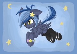 Size: 1818x1271 | Tagged: safe, artist:atlas-66, imported from derpibooru, oc, oc only, oc:pixi feather, pegasus, pony, bracelet, clothes, flying, jewelry, simple background, smiling, socks, stars, yellow eyes