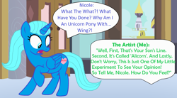 Size: 2738x1516 | Tagged: safe, artist:memeartboi, imported from derpibooru, alicorn, pony, alicorn princess, alicornified, canterlot castle, cute, experiment, female, heart, horn, implied artist, indoors, mare, nicole watterson, open mouth, pegasus wings, ponified, race swap, shocked, shocked expression, solo, speech bubble, standing, stunned, surprised, surprised face, text, the amazing world of gumball, unicorn horn, wings