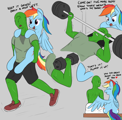 Size: 2520x2480 | Tagged: safe, artist:eels, rainbow dash, oc, oc:anon, human, pegasus, pony, female, mare, weight lifting