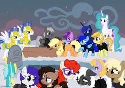 Size: 4093x2894 | Tagged: safe, artist:jjsh, imported from derpibooru, amethyst star, applejack, big macintosh, drizzle, jonagold, lemony gem, marmalade jalapeno popette, mjölna, princess celestia, princess luna, sparkler, twist, oc, oc:jennifer jones stars, oc:jetstream, oc:psalm, oc:stonewing, alicorn, earth pony, pegasus, pony, unicorn, apple family member, armor, birthmark, clothes, cloud, coffin, crying, female, flower, funeral, glasses, grave, gravestone, guard, guardian, hat, high res, horn, male, mare, oc name needed, rose, royal guard, sad, scar, snow, stallion, teary eyes, teeth, wings