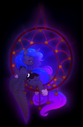 Size: 2125x3251 | Tagged: safe, artist:itssim, imported from derpibooru, princess luna, alicorn, pony, butt, dreamcatcher, dreamcaught luna, female, hoof shoes, horn, mare, moonbutt, plot, princess shoes, solo, spread wings, wings