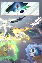 Size: 960x1440 | Tagged: safe, artist:cold-blooded-twilight, edit, imported from derpibooru, nightmare moon, princess celestia, shining armor, oc, oc:blazing saddles, comic:cold storm (ru), clothes, cloud, cloudy, comic, dialogue, dust, explosion, fire, robes, spread wings, torch, tornado, translation, wings