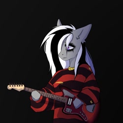 Size: 1000x1000 | Tagged: safe, artist:silver, imported from derpibooru, oc, oc only, oc:wafflejuice, bat pony, black and white mane, clothes, electric guitar, female, gray fur, guitar, mare, musical instrument, purple eyes, simple background, solo