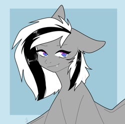 Size: 1093x1080 | Tagged: safe, artist:silver, imported from derpibooru, oc, oc only, oc:wafflejuice, bat pony, black and white mane, fangs, female, gray fur, mare, purple eyes, simple background, solo