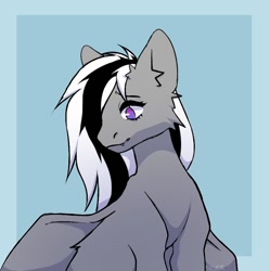 Size: 878x880 | Tagged: safe, artist:silver, imported from derpibooru, oc, oc only, oc:wafflejuice, bat pony, black and white mane, female, gray fur, mare, purple eyes, simple background, solo