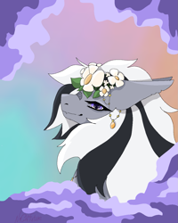 Size: 1025x1280 | Tagged: artist needed, source needed, safe, imported from derpibooru, oc, oc only, oc:wafflejuice, bat pony, black and white mane, chamomile, female, flower, gray fur, mare, purple eyes, simple background, solo