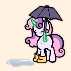 Size: 2048x2048 | Tagged: safe, artist:dummbeez, imported from derpibooru, sweetie belle, pony, unicorn, female, filly, foal, horn, magic, puddle, rubber boots, simple background, solo, telekinesis, umbrella