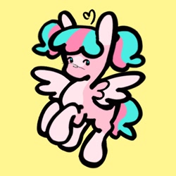 Size: 2048x2048 | Tagged: safe, artist:dummbeez, imported from derpibooru, oc, oc only, pegasus, pony, female, flying, mare, simple background, solo, yellow background