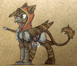 Size: 2528x2172 | Tagged: safe, artist:cmdraj, imported from derpibooru, oc, griffon, armor, hood, solo, sword, traditional art, weapon