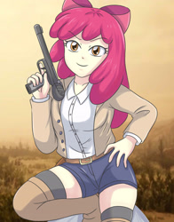 Size: 2700x3441 | Tagged: safe, artist:sumin6301, imported from derpibooru, apple bloom, equestria girls, 2024, clothes, female, gun, high res, looking at you, older, older apple bloom, shorts, solo, weapon