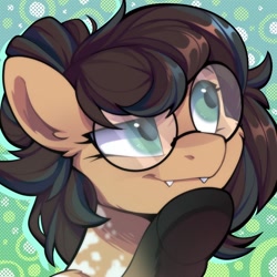 Size: 1000x1000 | Tagged: safe, artist:breloomsgarden, imported from derpibooru, oc, oc only, oc:nixie tube, bat pony, earth pony, hybrid, abstract background, bust, coat markings, dappled, fangs, glasses, portrait, solo, thinking