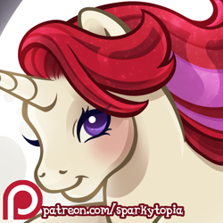 Size: 1200x1200 | Tagged: safe, artist:sparkytopia, imported from derpibooru, moondancer (g1), pony, unicorn, advertisement, bust, closed mouth, cream coat, female, g1, horn, looking at you, mare, patreon, patreon logo, patreon preview, portrait, purple eyes, red hair, signature, smiling, solo, white coat