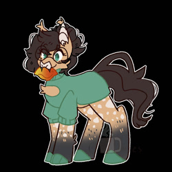 Size: 900x900 | Tagged: safe, artist:coffeedazes, imported from derpibooru, oc, oc only, oc:nixie tube, bat pony, earth pony, hybrid, bat pony oc, bat wings, black background, chest fluff, clothes, coat markings, dappled, ear fluff, food, glasses, hoof shoes, mango, simple background, solo, sweater, wings