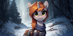 Size: 2081x1024 | Tagged: safe, imported from derpibooru, oc, oc:littlepip, pony, unicorn, fallout equestria, ai content, ai generated, armor, female, female oc, generator:pony diffusion v6 xl, generator:stable diffusion, horn, looking at you, mare, mare oc, outdoors, prompter:teonanakatle, smiling, smiling at you, snow, solo, tree, unicorn oc, winter