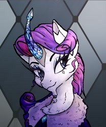 Size: 1170x1406 | Tagged: safe, artist:smolflaffybun, imported from derpibooru, rarity, unicorn, accessory, beard, clothes, crystal, crystal horn, diamond, digital art, facial hair, female, fur, horn, jewelry, redesign, ring