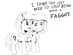 Size: 7200x5400 | Tagged: safe, artist:sigilponies, imported from derpibooru, oc, oc:filly anon, /mlp/, drawthread, faggot, female, filly, monochrome, slur, text, vulgar