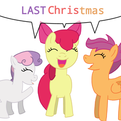 Size: 3000x3000 | Tagged: safe, artist:sleeplesseevee, imported from derpibooru, apple bloom, scootaloo, sweetie belle, earth pony, pegasus, pony, unicorn, cutie mark crusaders, female, filly, foal, front view, horn, last christmas, outline, side view, simple background, speech bubble, transparent background, trio, trio female, white outline