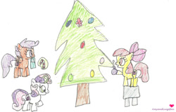 Size: 1116x716 | Tagged: safe, artist:amyandluigifan, imported from derpibooru, apple bloom, scootaloo, sweetie belle, earth pony, pegasus, pony, unicorn, candy, candy cane, christmas, christmas tree, cutie mark crusaders, food, holiday, hoof hold, horn, magic, mouth hold, ornament, signature, simple background, stool, telekinesis, traditional art, tree, white background