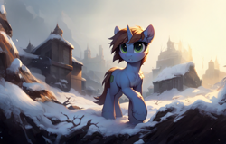 Size: 2020x1282 | Tagged: safe, imported from derpibooru, oc, oc:littlepip, pony, unicorn, fallout equestria, ai content, ai generated, female, female oc, generator:pony diffusion v6 xl, generator:stable diffusion, horn, mare, mare oc, outdoors, photoshop, prompter:teonanakatle, snow, solo, unicorn oc, winter