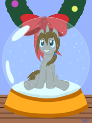 Size: 3072x4096 | Tagged: safe, artist:twiny dust, imported from derpibooru, oc, oc:dust, pony, unicorn, christmas, christmas wreath, holiday, horn, male, micro, nervous, ponytail, show accurate, shrunken, sitting, smiling, snow globe, solo, stallion, table, tiny, tiny ponies, trapped, trapped in snow globe, wreath