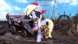 Size: 3840x2160 | Tagged: safe, artist:owlpirate, imported from derpibooru, derpy hooves, pegasus, pony, 3d, 4k, cannon, cutlass, eyepatch, female, high res, looking at you, mare, mouth hold, outdoors, pirate, ship, smiling, smiling at you, solo, source filmmaker, sword, weapon