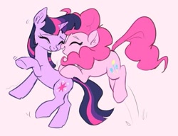 Size: 563x432 | Tagged: safe, artist:tinypurplebrush, imported from derpibooru, pinkie pie, twilight sparkle, earth pony, pony, unicorn, cute, diapinkes, duo, duo female, eyes closed, female, lesbian, mare, open mouth, raised hoof, shipping, twiabetes, twinkie, unicorn twilight