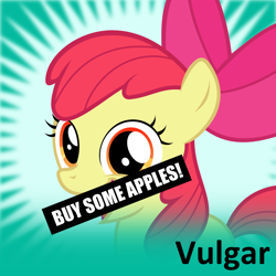 Size: 1024x1024 | Tagged: safe, artist:the smiling pony, imported from derpibooru, apple bloom, earth pony, pony, derpibooru, friendship is witchcraft, apple bloom's bow, bow, buy some apples, female, filly, foal, golden eyes, hair bow, hilarious in hindsight, icon, looking at you, meme, meta, meta:vulgar, official spoiler image, open mouth, open smile, prank, red hair, red mane, smiling, solo, spoiler joke, spoiler tag, spoilered image joke, yellow body, yellow coat, yellow fur, yellow pony