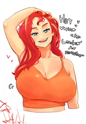 Size: 1400x2000 | Tagged: safe, artist:sozglitch, imported from derpibooru, sunset shimmer, human, arm behind head, big breasts, breasts, busty sunset shimmer, cleavage, dialogue, female, floating heart, heart, huge breasts, humanized, lidded eyes, light skin, looking at you, open mouth, open smile, signature, simple background, smiling, smiling at you, solo, talking to viewer, white background